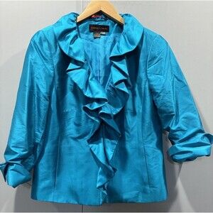 Nina McLemore Silk Ruffle Front Jacket Blazer– Turquoise – Size 8 – Made in USA